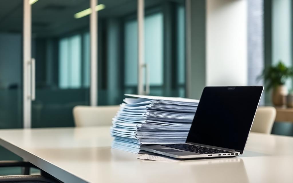 Stack of audit reports and laptop on an office desk
