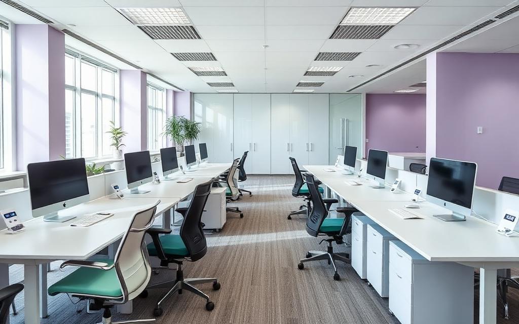 Modern hybrid office with empty desks