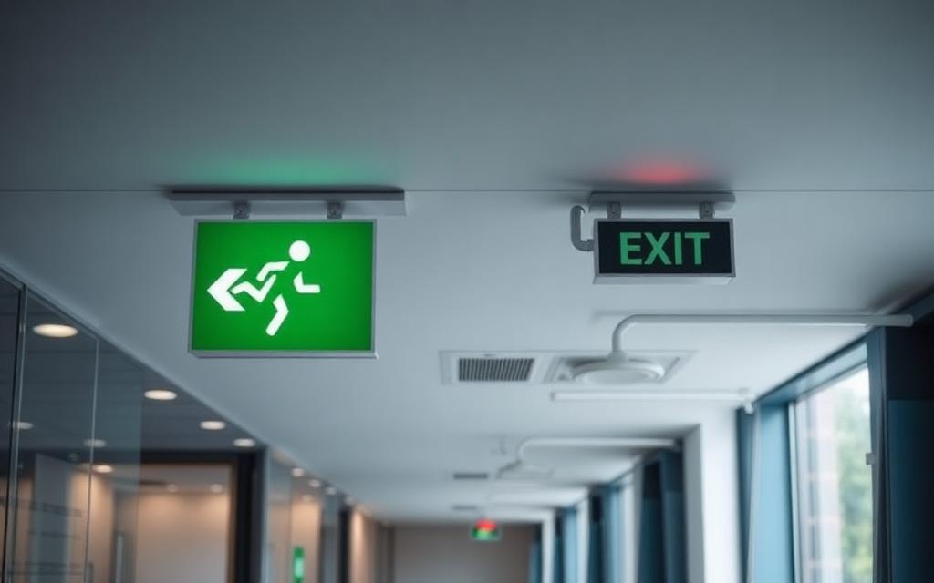 Emergency exit sign in a modern office corridor